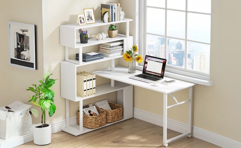 Bàn làm việc trắng có kệ sách