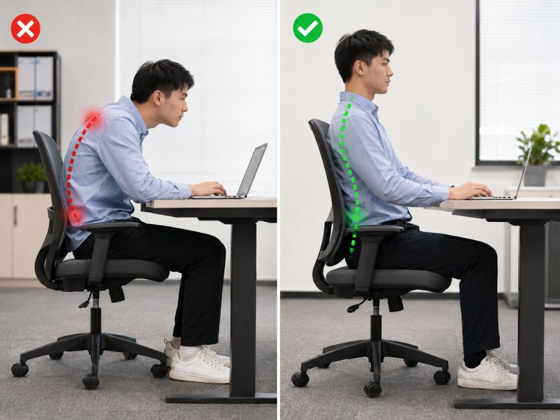 Tư thế chân vuông góc, hoặc bố trí thêm đệm kê chân cho thoải mái