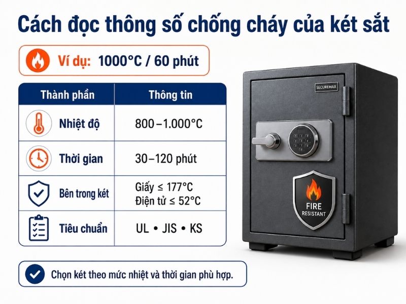 Cách đọc nhiệt độ và thời gian chống cháy của két sắt