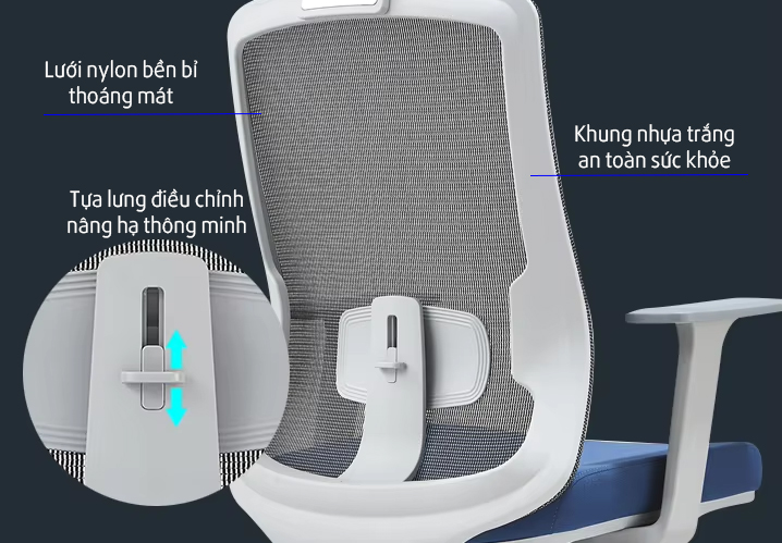 Tựa lưng lưới thoáng mát có khả năng nâng hạ thông minh