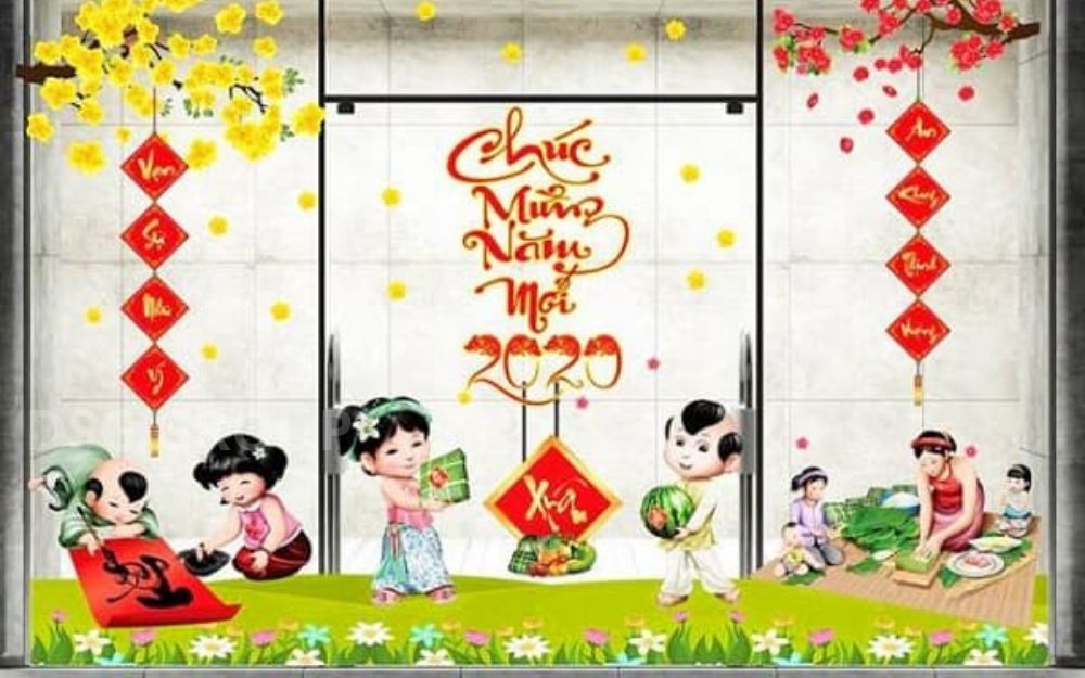 Giải pháp decor Tết văn phòng hiện đại bằng decal dán kính