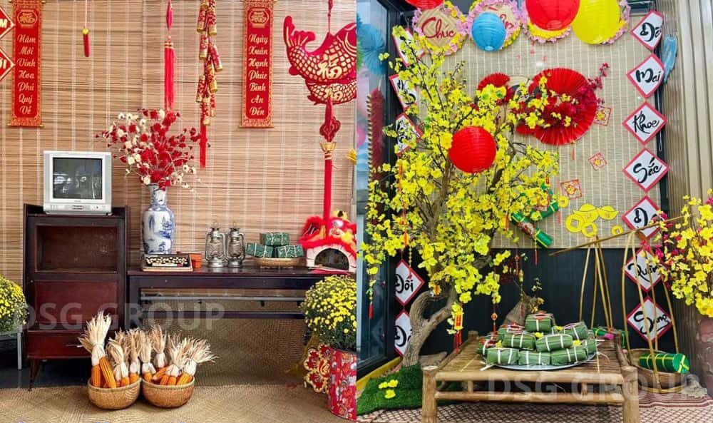 Trang trí Tết cho văn phòng bằng mành tre