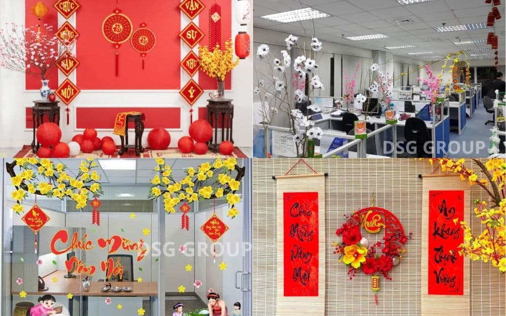 Trang trí văn phòng cho ngày Tết với hoa mai và hoa đào