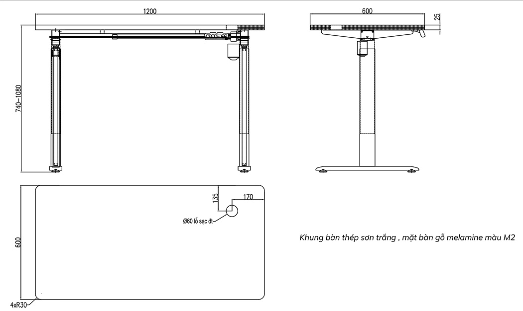 Chi tiết kích thước của bàn làm việc BNH04