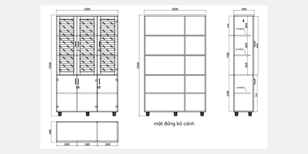 Kích thước tiêu chuẩn của tủ AT1960-3K phù hợp với nhiều không gian văn phòng 