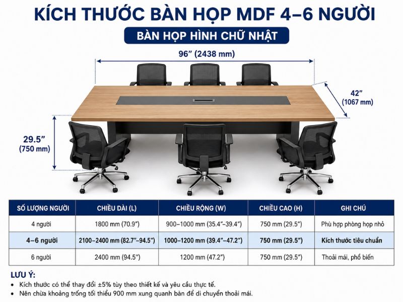 Kích thước bàn họp MDF 4 đến 6 người phù hợp
