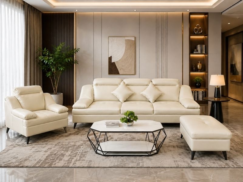 Sofa băng và sofa đơn bố trí linh hoạt trong phòng khách