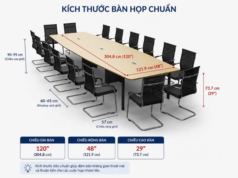 Kích thước bàn họp tiêu chuẩn phù hợp từng số lượng người