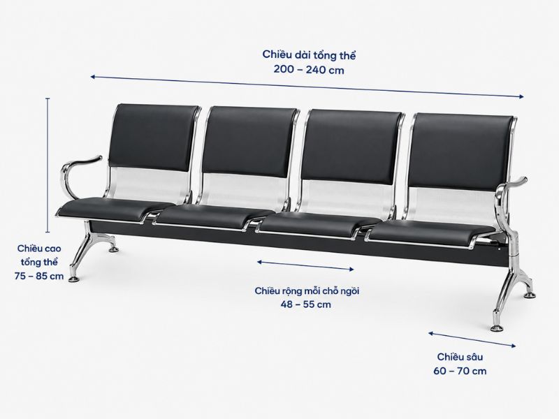 Kích thước ghế băng chờ 4 chỗ thông dụng hiện nay