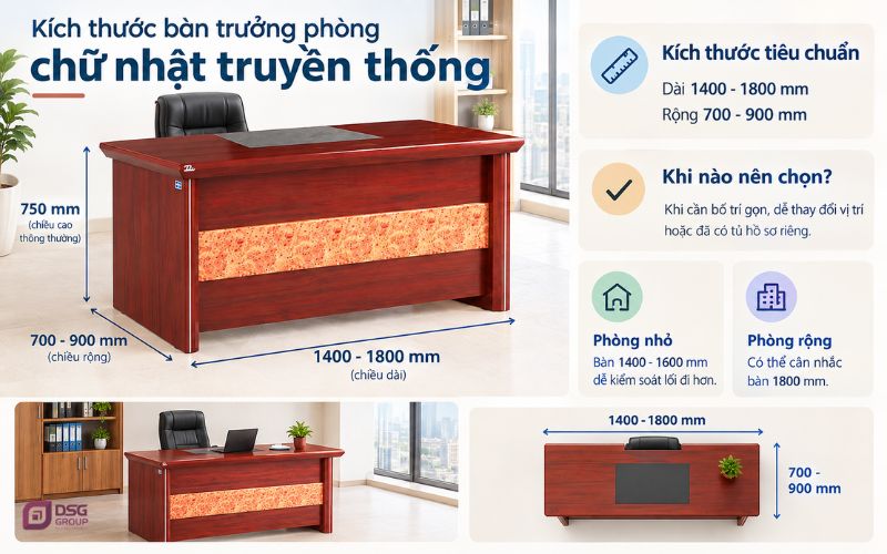 Kích thước bàn trưởng phòng hình chữ nhật truyền thống