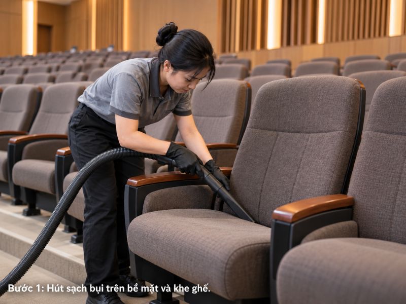 Bước 1: Hút sạch bụi trên bề mặt và khe ghế
