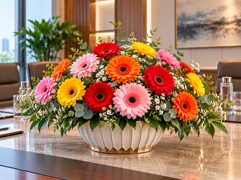 Hoa đồng tiền để bàn họp